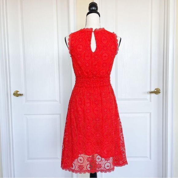 Max Studio XS Red Orange Bright Cheerful Floral Lacy Layered Sleeveless Dress - Picture 9 of 13